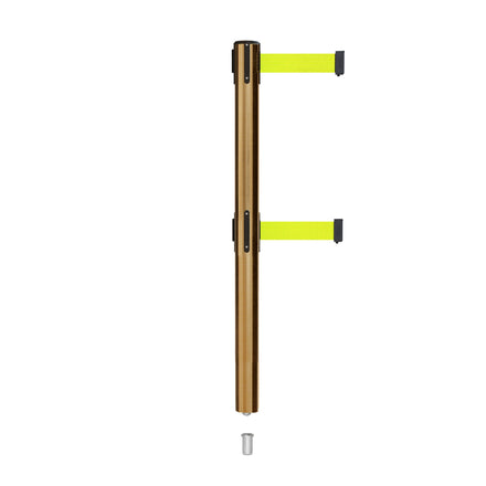 Retractable Dual Belt Barrier Stanchion, Mini Socket Base, Satin Brass Post, 13 ft Belt - Montour Line MX630DSK