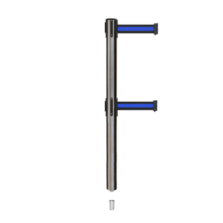 Retractable Dual Belt Barrier Stanchion, Mini Socket Base, Satin Stainless Steel Post, 9 ft Belt - Montour Line MX630DSK