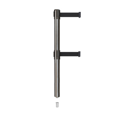 Retractable Dual Belt Barrier Stanchion, Mini Socket Base, Satin Stainless Steel Post, 9 ft Belt - Montour Line MX630DSK