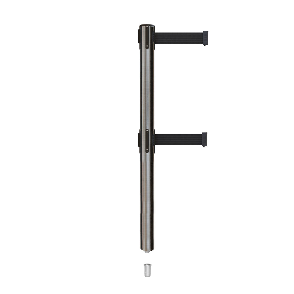 Retractable Dual Belt Barrier Stanchion, Mini Socket Base, Satin Stainless Steel Post, 13 ft Belt - Montour Line MX630DSK