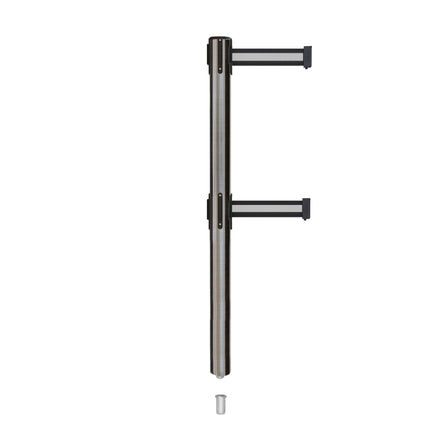 Retractable Dual Belt Barrier Stanchion, Mini Socket Base, Satin Stainless Steel Post, 9 ft Belt - Montour Line MX630DSK