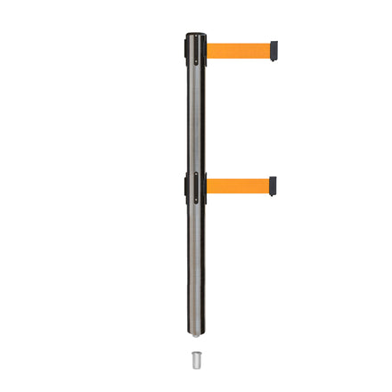 Retractable Dual Belt Barrier Stanchion, Mini Socket Base, Satin Stainless Steel Post, 9 ft Belt - Montour Line MX630DSK