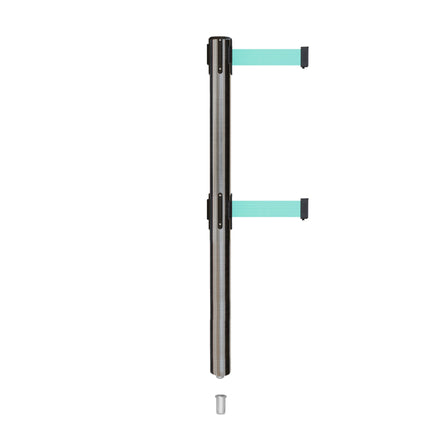 Retractable Dual Belt Barrier Stanchion, Mini Socket Base, Satin Stainless Steel Post, 13 ft Belt - Montour Line MX630DSK