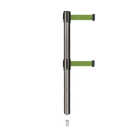 Retractable Dual Belt Barrier Stanchion, Mini Socket Base, Satin Stainless Steel Post, 9 ft Belt - Montour Line MX630DSK