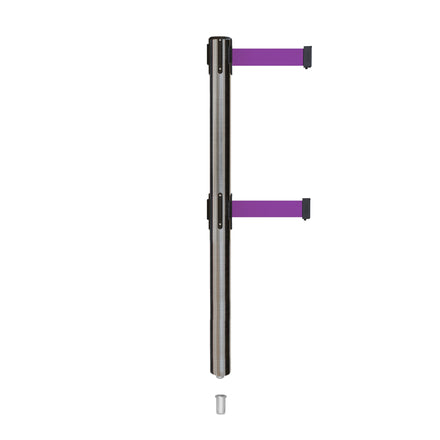 Retractable Dual Belt Barrier Stanchion, Mini Socket Base, Satin Stainless Steel Post, 9 ft Belt - Montour Line MX630DSK