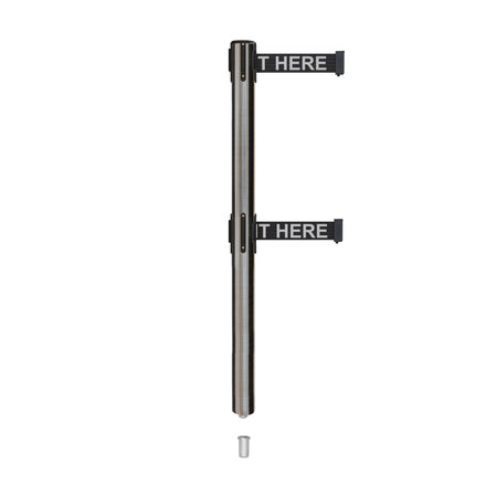 Retractable Dual Belt Barrier Stanchion, Mini Socket Base, Satin Stainless Steel Post, 9 ft Belt - Montour Line MX630DSK