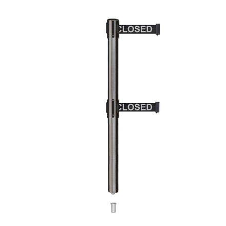 Retractable Dual Belt Barrier Stanchion, Mini Socket Base, Satin Stainless Steel Post, 9 ft Belt - Montour Line MX630DSK