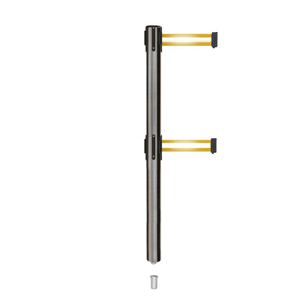 Retractable Dual Belt Barrier Stanchion, Mini Socket Base, Satin Stainless Steel Post, 13 ft Belt - Montour Line MX630DSK