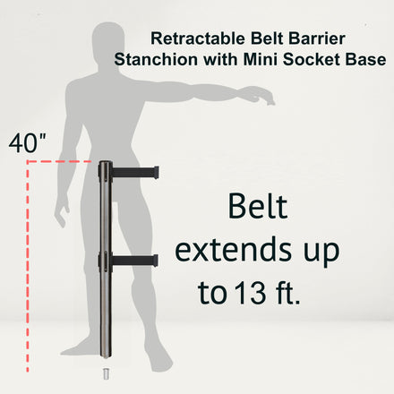 Retractable Dual Belt Barrier Stanchion, Mini Socket Base, Satin Stainless Steel Post, 13 ft Belt - Montour Line MX630DSK