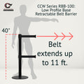 Retractable Dual Belt Barrier Stanchion, Low Profile Steel Base, Black Post, 11ft Belts - Montour Line MX630D