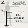 Retractable Dual Belt Barrier Stanchion, Low Profile Steel Base, Black Post, 9 ft Belts - Montour Line MX630D