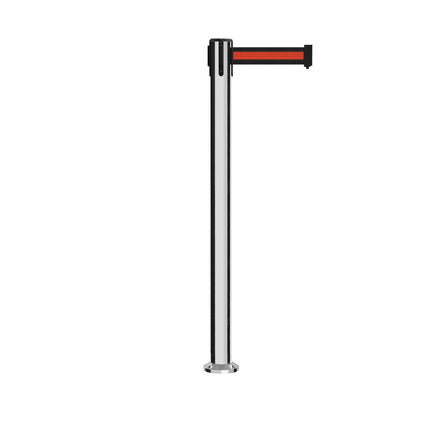 Retractable Belt Barrier Stanchion, Fixed Base, Polished Stainless Steel Post, 11 Ft. Belt - Montour Line MX630F