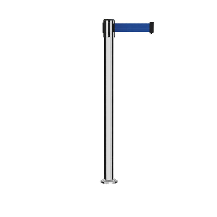 Retractable Belt Barrier Stanchion, Fixed Base, Polished Stainless Steel Post, 11 Ft. Belt - Montour Line MX630F