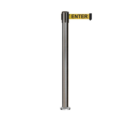 Retractable Belt Barrier Stanchion, Fixed Base, Satin Stainless Steel Post, 11 Ft. Belt - Montour Line MX630F