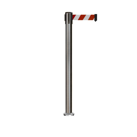 Retractable Belt Barrier Stanchion, Fixed Base, Satin Stainless Steel Post, 11 Ft. Belt - Montour Line MX630F