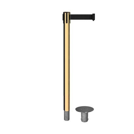 Retractable Belt Barrier Stanchion, Removable Base, Polished Brass Post, 11 Ft. Belt - Montour Line MX630R