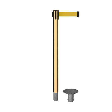 Retractable Belt Barrier Stanchion, Removable Base, Polished Brass Post, 11 Ft. Belt - Montour Line MX630R