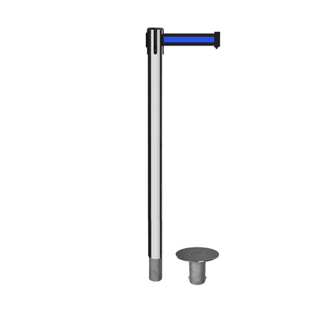 Retractable Belt Barrier Stanchion, Removable Base, Polished Stainless Steel Post, 11 Ft. Belt - Montour Line MX630R