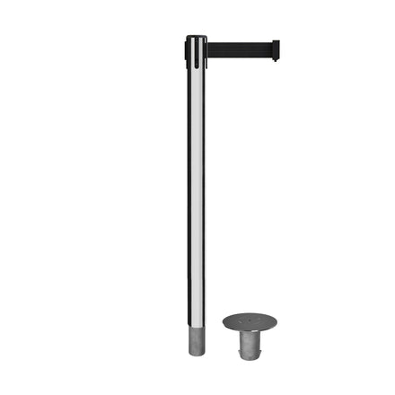 Retractable Belt Barrier Stanchion, Removable Base, Polished Stainless Steel Post, 11 Ft. Belt - Montour Line MX630R