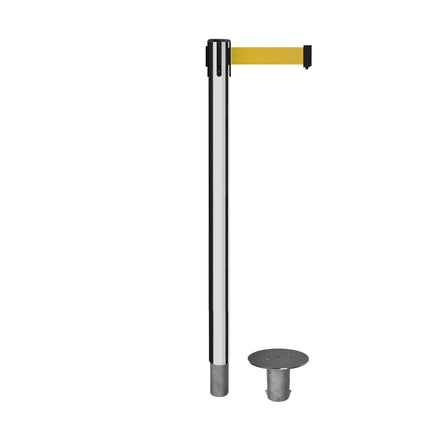 Retractable Belt Barrier Stanchion, Removable Base, Polished Stainless Steel Post, 11 Ft. Belt - Montour Line MX630R