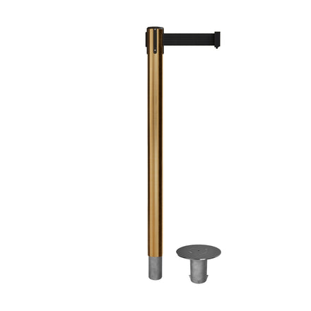 Retractable Belt Barrier Stanchion, Removable Base, Satin Brass Post, 11 Ft. Belt - Montour Line MX630R