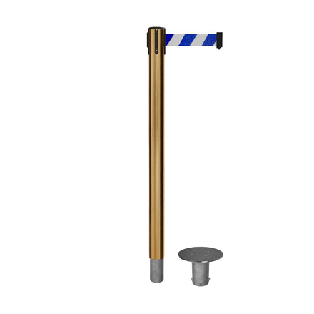 Retractable Belt Barrier Stanchion, Removable Base, Satin Brass Post, 11 Ft. Belt - Montour Line MX630R