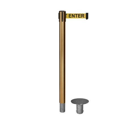 Retractable Belt Barrier Stanchion, Removable Base, Satin Brass Post, 11 Ft. Belt - Montour Line MX630R