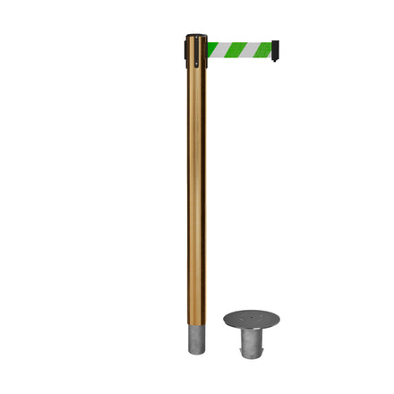 Retractable Belt Barrier Stanchion, Removable Base, Satin Brass Post, 11 Ft. Belt - Montour Line MX630R