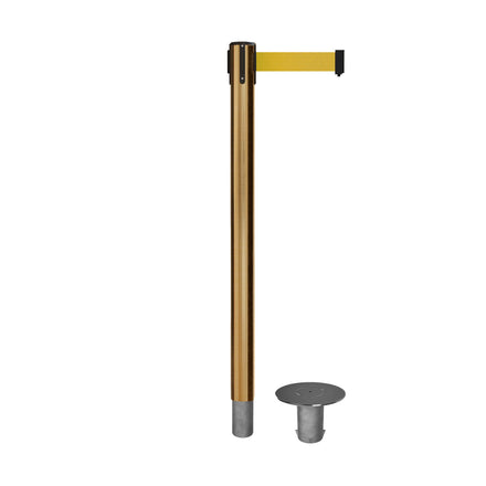 Retractable Belt Barrier Stanchion, Removable Base, Satin Brass Post, 11 Ft. Belt - Montour Line MX630R