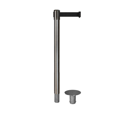 Retractable Belt Barrier Stanchion, Removable Base, Satin Stainless Steel Post, 11  Ft. Belt - Montour Line MX630R