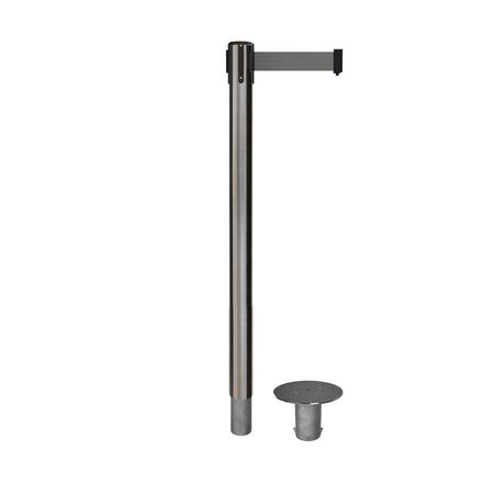 Retractable Belt Barrier Stanchion, Removable Base, Satin Stainless Steel Post, 11  Ft. Belt - Montour Line MX630R