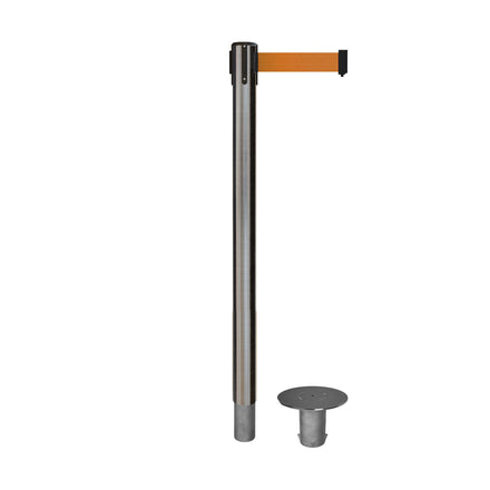 Retractable Belt Barrier Stanchion, Removable Base, Satin Stainless Steel Post, 11  Ft. Belt - Montour Line MX630R