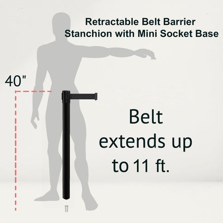 Retractable Belt Barrier Stanchion, Mini Socket Base, Black Post, 11 ft Belt - Montour Line MX630SK