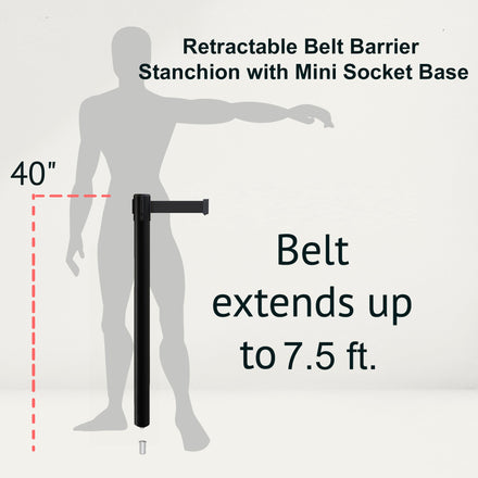 Retractable Belt Barrier Stanchion, Mini Socket Base, Black Post, 7.5 ft Belt - Montour Line MX630SK