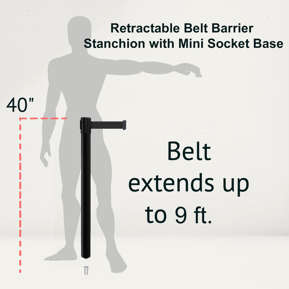 Retractable Belt Barrier Stanchion, Mini Socket Base, Black Post, 9 ft Belt - Montour Line MX630SK