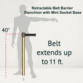Retractable Belt Barrier Stanchion, Mini Socket Base, Polished Brass Post, 11 ft Belt - Montour Line MX630SK