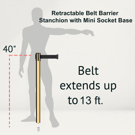 Retractable Belt Barrier Stanchion, Mini Socket Base, Polished Brass Post, 13 ft Belt - Montour Line MX630SK