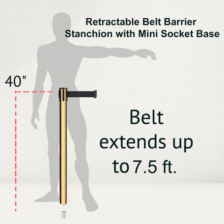 Retractable Belt Barrier Stanchion, Mini Socket Base, Polished Brass Post, 7.5 ft Belt - Montour Line MX630SK