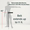 Retractable Belt Barrier Stanchion, Mini Socket Base, Polished Stainless Steel Post, 11 ft Belt - Montour Line MX630SK