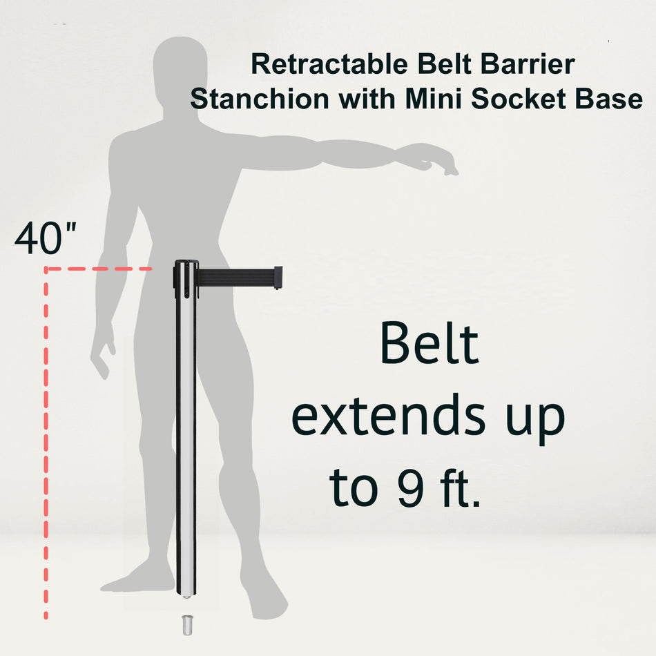 Retractable Belt Barrier Stanchion, Mini Socket Base, Polished Stainless Steel Post, 9 ft Belt - Montour Line MX630SK