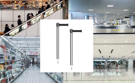 Retractable Belt Barrier Stanchion, Mini Socket Base, Polished Stainless Steel Post, 9 ft Belt - Montour Line MX630SK