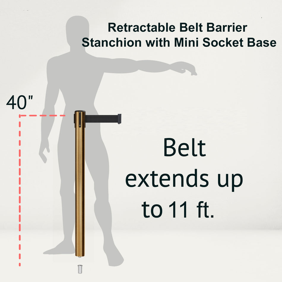Retractable Belt Barrier Stanchion, Mini Socket Base, Satin Brass Post, 11 ft Belt - Montour Line MX630SK