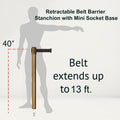 Retractable Belt Barrier Stanchion, Mini Socket Base, Satin Brass Post, 13 ft Belt - Montour Line MX630SK