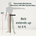 Retractable Belt Barrier Stanchion, Mini Socket Base, Satin Brass Post, 9 ft Belt - Montour Line MX630SK