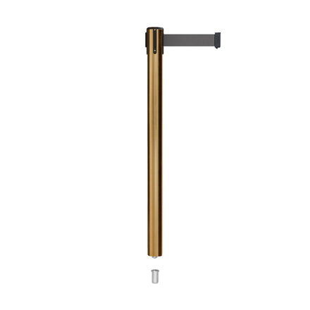 Retractable Belt Barrier Stanchion, Mini Socket Base, Satin Brass Post, 11 ft Belt - Montour Line MX630SK