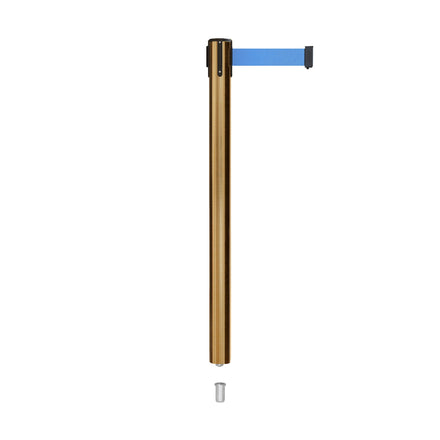 Retractable Belt Barrier Stanchion, Mini Socket Base, Satin Brass Post, 11 ft Belt - Montour Line MX630SK