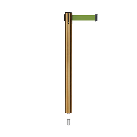 Retractable Belt Barrier Stanchion, Mini Socket Base, Satin Brass Post, 11 ft Belt - Montour Line MX630SK