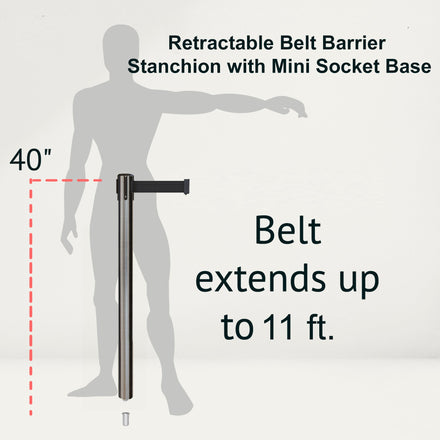 Retractable Belt Barrier Stanchion, Mini Socket Base, Satin Stainless Steel Post, 11 ft Belt - Montour Line MX630SK