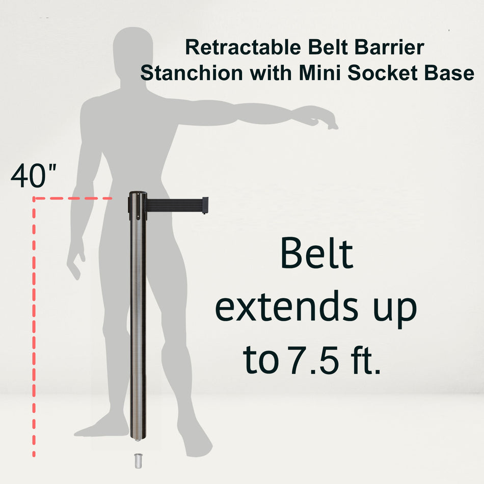 Retractable Belt Barrier Stanchion, Mini Socket Base, Satin Stainless Steel Post, 7.5 ft Belt - Montour Line MX630SK