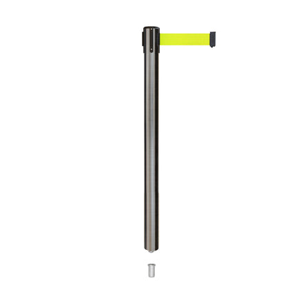 Retractable Belt Barrier Stanchion, Mini Socket Base, Satin Stainless Steel Post, 7.5 ft Belt - Montour Line MX630SK